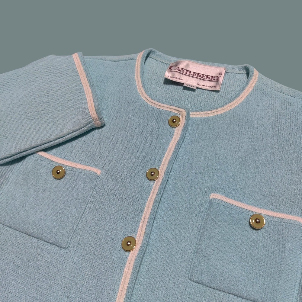Castleberry Knits Ivory & Blue Teal Sweater Jacket Blazer USA Made Size Medium/8